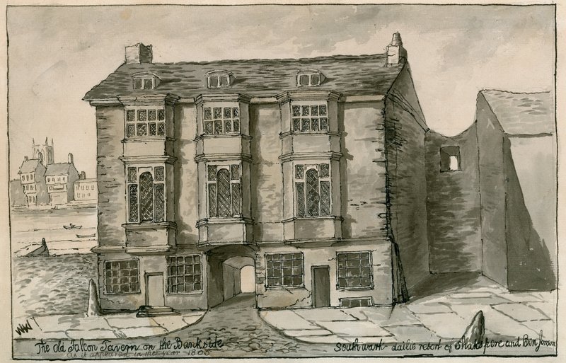 The Old Falcon Tavern på Bank-siden, som den så ud i år 1805 af English School