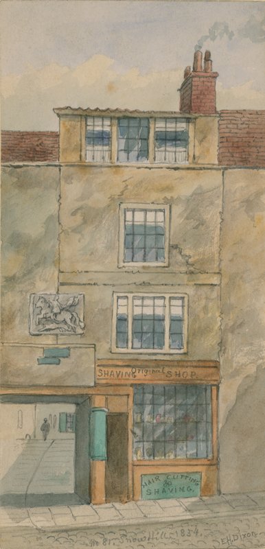 The Old George Inn, Snow Hill, London, i 1854 (wc på papir) af English School