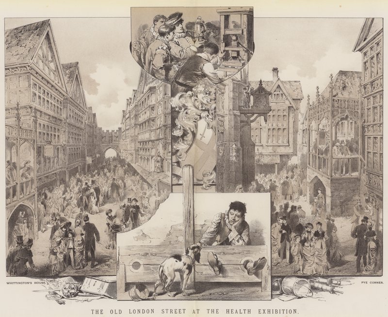 The Old London Street på Health Exhibition (farve litho) af English School