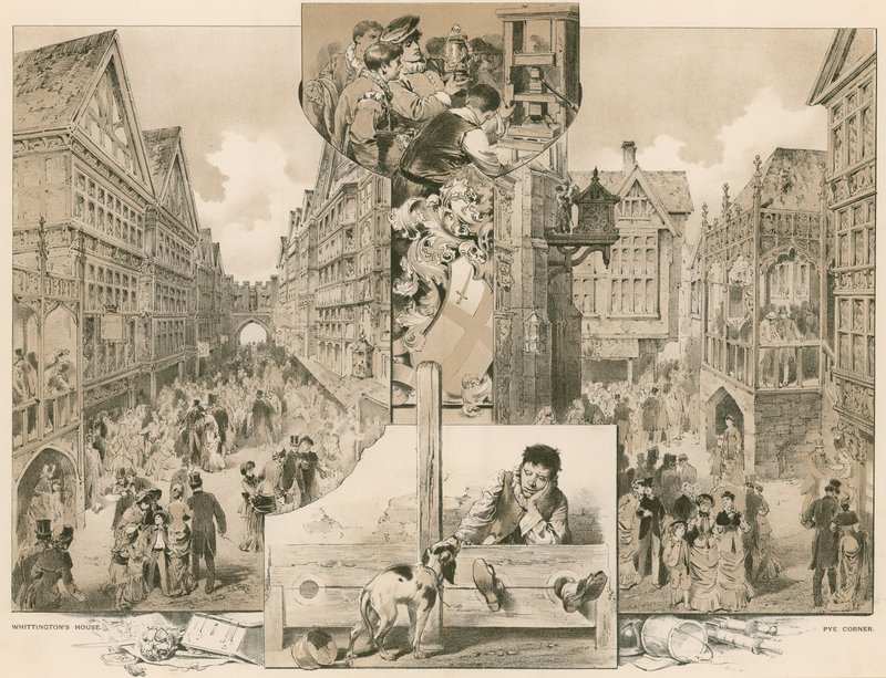 The Old London Street på Health Exhibition; Whittingtons House, Pye Corner af English School