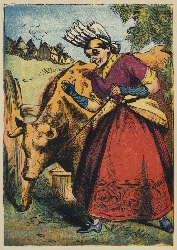Den gamle kvinde og koen (farve litho) af English School
