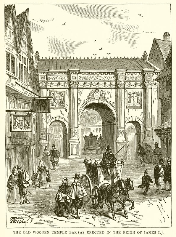 The Old Wooden Temple Bar (som opført i Reign of James I) af English School