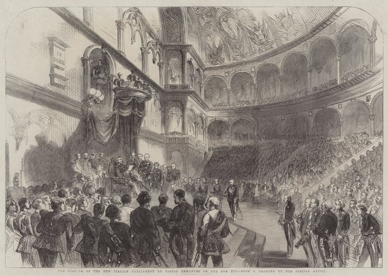 Åbningen af det nye italienske parlament af Victor Emmanuel den 18. Ult (gravering) af English School