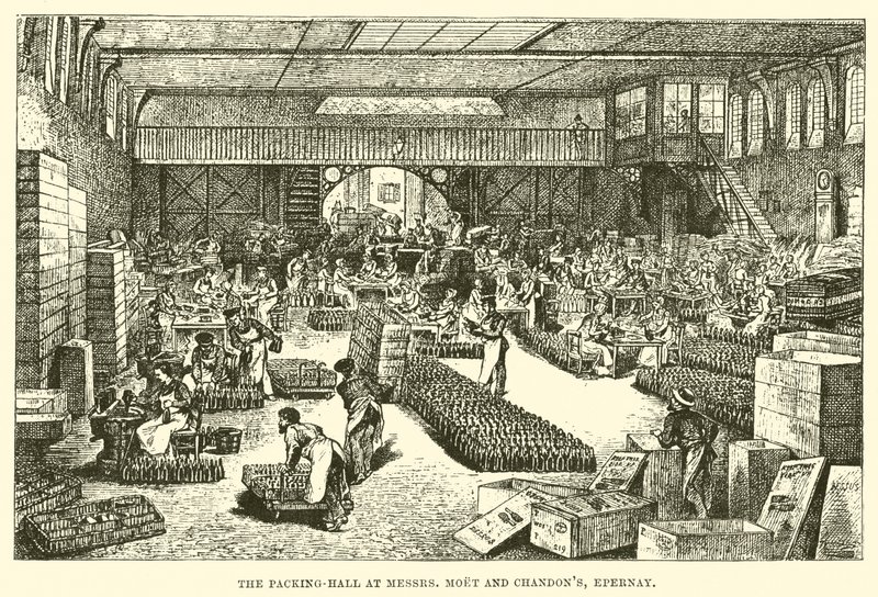 Pakkehallen ved Mrs Moet og Chandon, Epernay (gravering) af English School