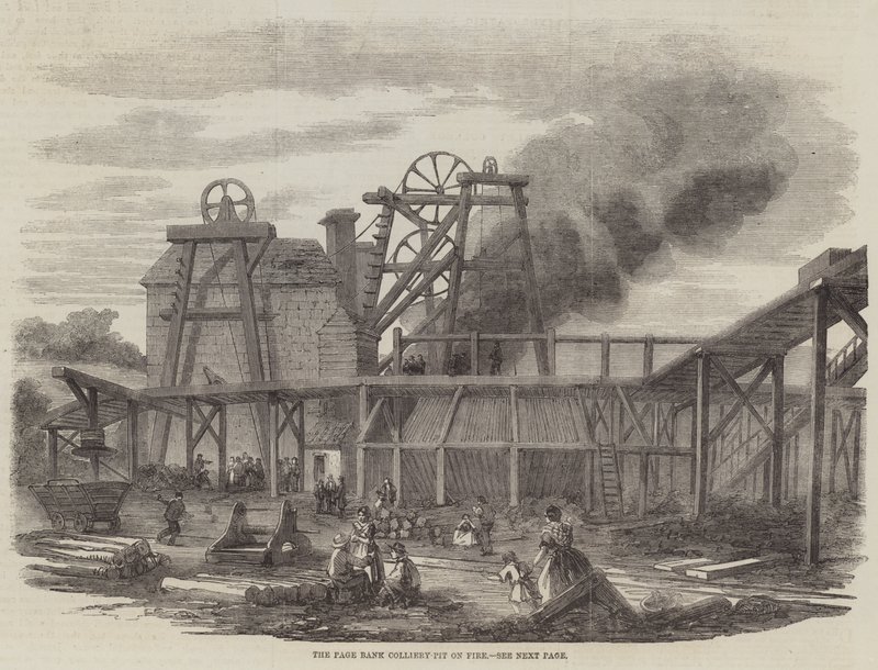 The Page Bank Colliery-Pit on Fire (gravering) af English School