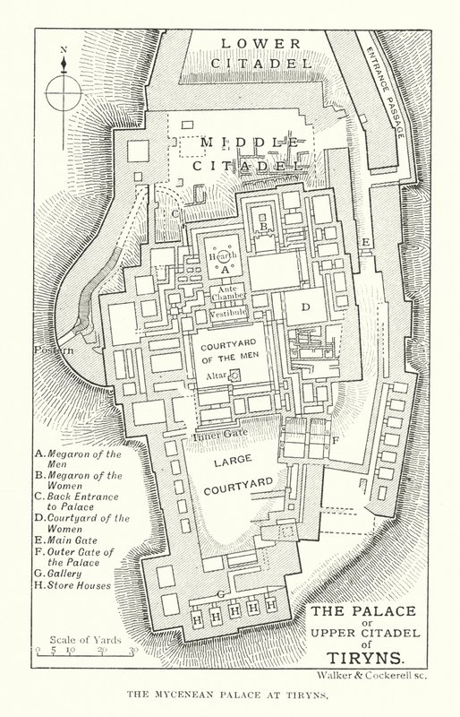 Paladset eller det øvre citadel i Tiryns (litografi) af English School