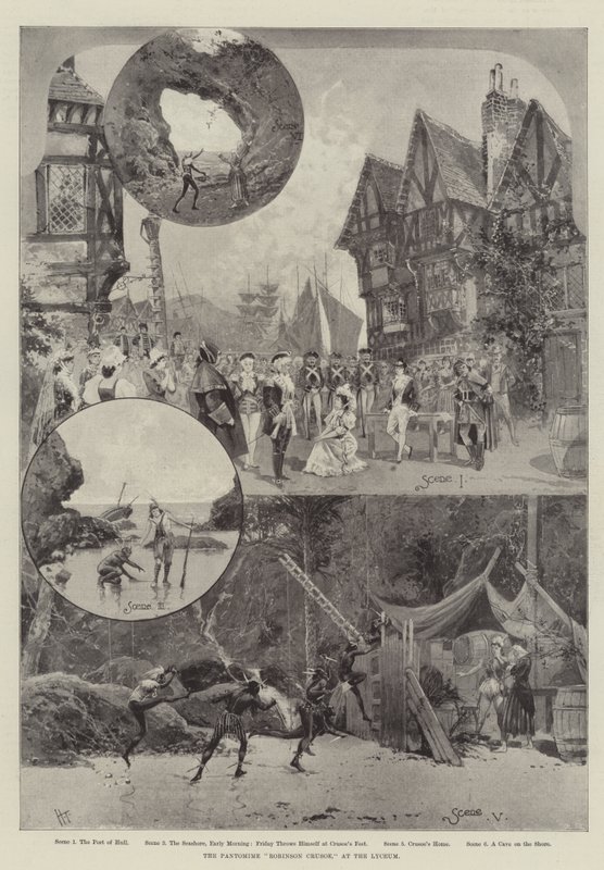Pantomimen "Robinson Crusoe," på Lyceum (litho) af English School