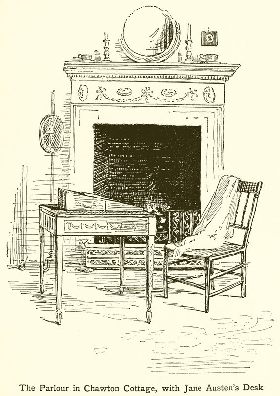 The Parlor in Chawton Cottage, med Jane Austens Desk af English School