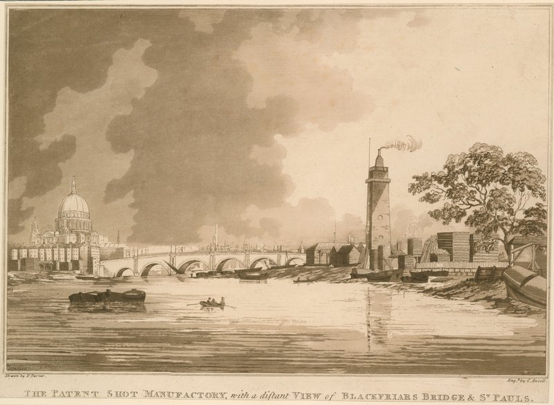 The Patent Shot Manufactury, med en fjern udsigt over Blackfriars Bridge og St Pauls, London af English School