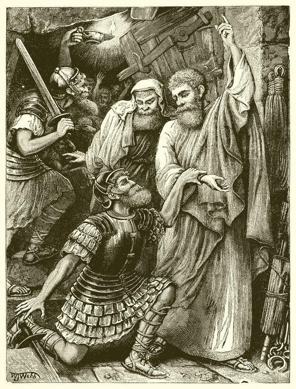 Den filippiske fangevogter foran Paulus og Silas af English School