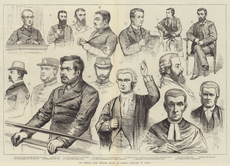 Phoenix Park Murder Trials i Dublin, skitser i retten af English School