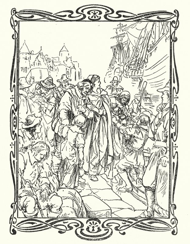 Pilgrimsfædrene (farve litho) af English School