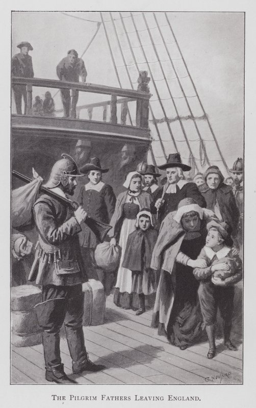 Pilgrimsfædrene forlader England (litho) af English School