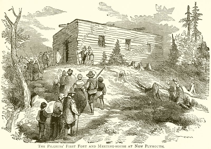 The Pilgrims First Fort og Meeting-House i New Plymouth af English School