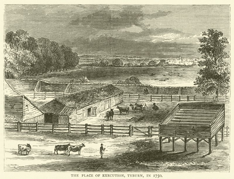 Henrettelsesstedet, Tyburn, i 1750 af English School