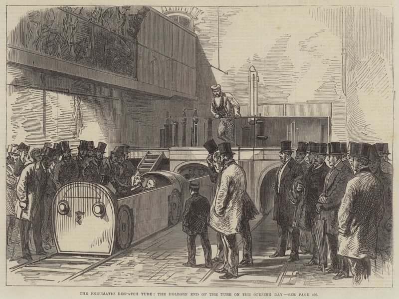 The Pneumatic Despatch Tube, Holborn End of the Tube på åbningsdagen (gravering) af English School