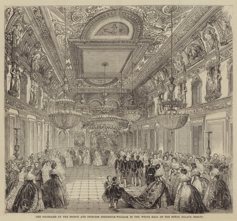 Polonaisen af prinsen og prinsesse Frederick-William i den hvide hal i det kongelige palads, Berlin (gravering) af English School