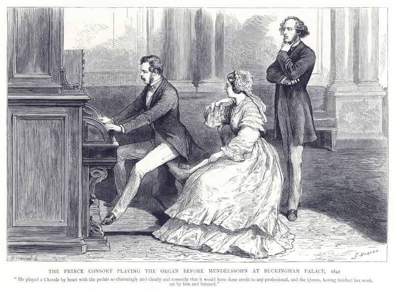 Prinsgemalen spiller orgel foran Mendelssohn i Buckingham Palace, 1842 af English School