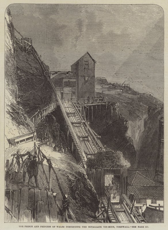 Prinsen og Prinsessen af Wales nedstiger Botallack Tin-mine, Cornwall (gravering) af English School