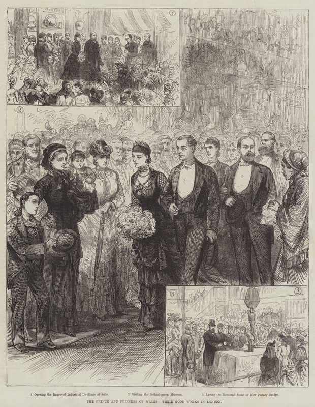 Prinsen og prinsessen af Wales, deres gode gerninger i London (gravering) af English School