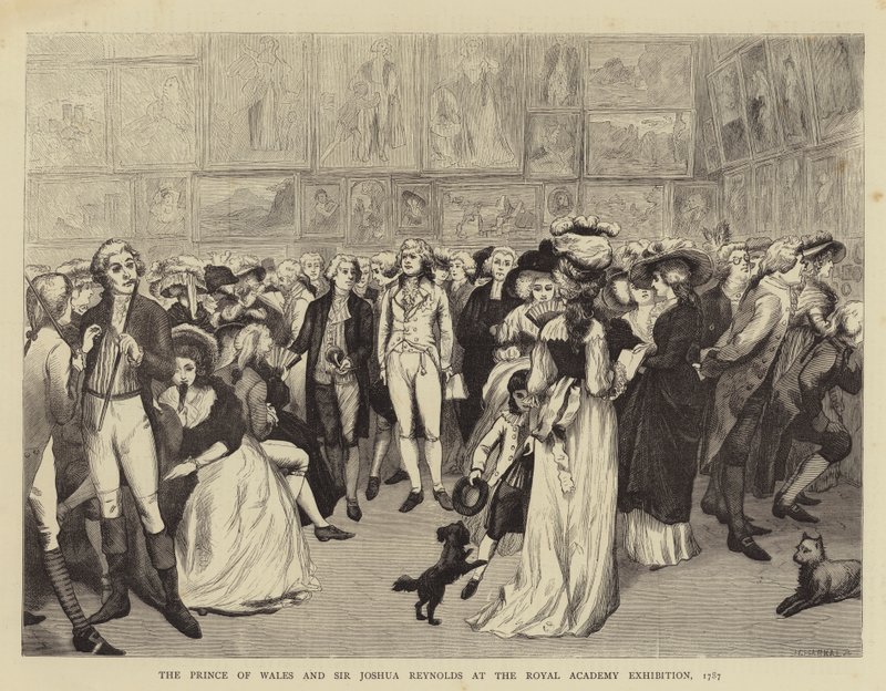 Prinsen af Wales og Sir Joshua Reynolds på Royal Academy Exhibition af English School