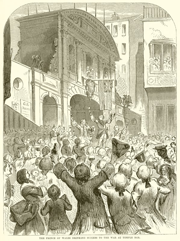 Prinsen af Wales drikker Success to the War i Temple Bar af English School