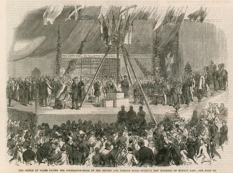 Prinsen af Wales lægger grundstenen til British and Foreign Bible Societys nye bygninger af English School