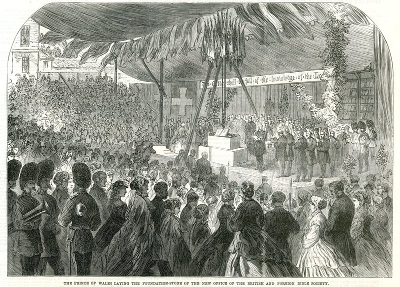Prinsen af Wales lægger grundstenen til det nye kontor for British and Foreign Bible Society af English School