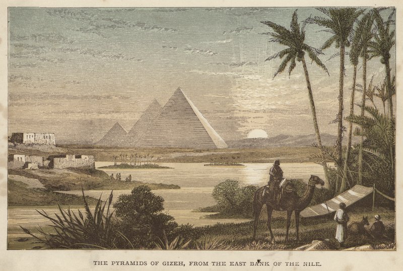 Pyramiderne i Gizeh, fra Nilens østbred (farvet indgravering) af English School