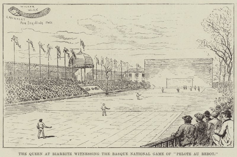 Dronningen i Biarritz er vidne til det baskiske nationale spil "Pelote au Rebot" (gravering) af English School