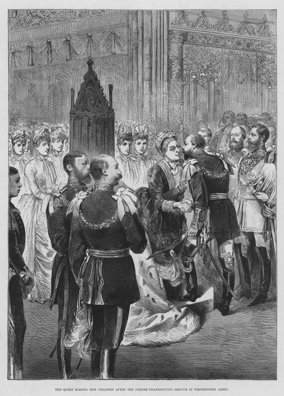 Dronningen kysser sine børn efter jubilæumsgudstjenesten i Westminster Abbey (gravering) af English School