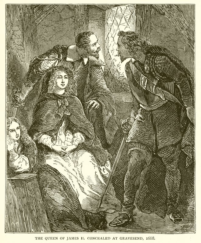 Dronningen af James II skjult i Gravesend, 1688 af English School