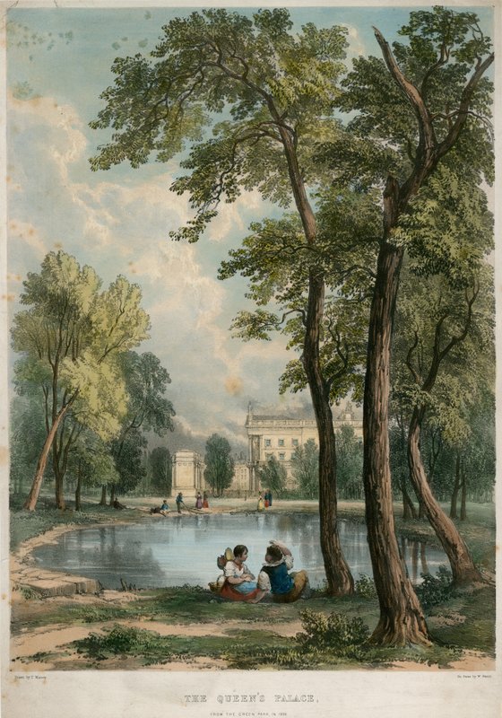 Queens Palace, fra Green Park i 1836 af English School