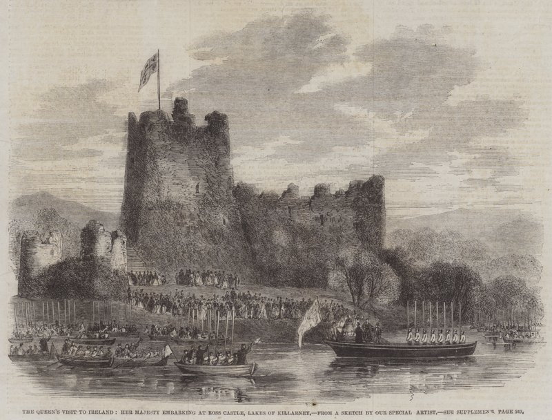 Dronningens besøg i Irland, Hendes Majestæt på vej til Ross Castle, Lakes of Killarney (gravering) af English School
