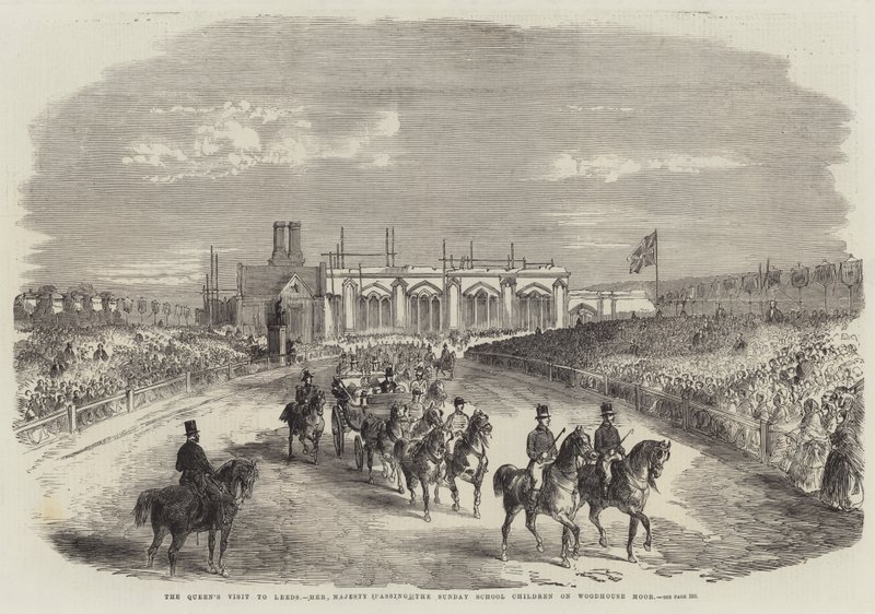 Dronningens besøg i Leeds, Hendes Majestæt passerer søndagsskolebørnene på Woodhouse Moor (gravering) af English School