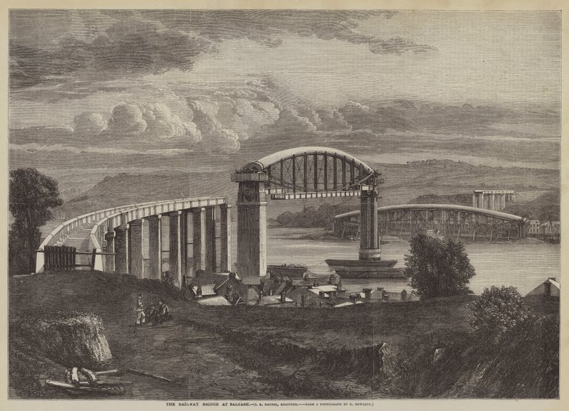 Jernbanebroen ved Saltash, IK Brunel, ingeniør (gravering) af English School