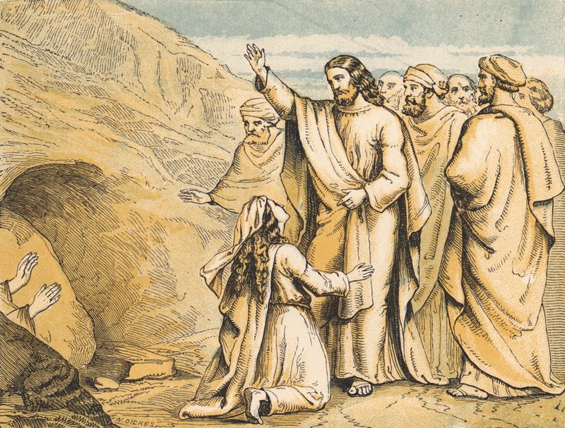 The Raising of Lazarus (farvet gravering) af English School