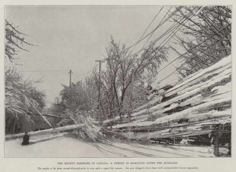 The Recent Blizzard i Canada, en gade i Hamilton efter snestormen (litho) af English School