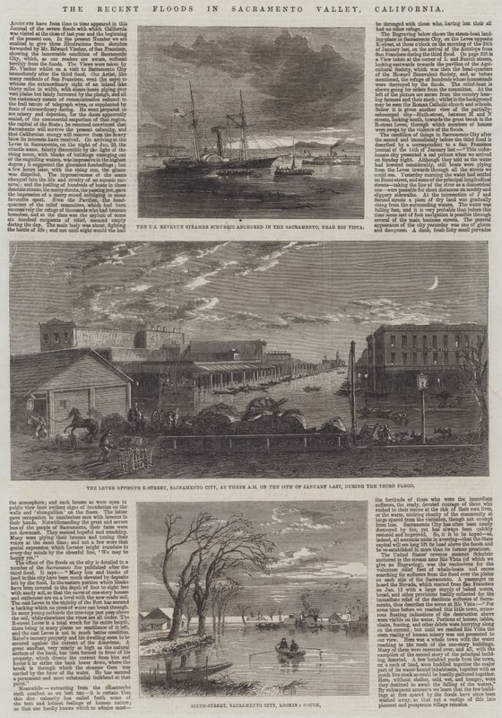 De seneste oversvømmelser i Sacramento Valley, Californien (gravering) af English School