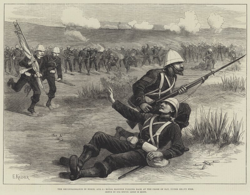 The Reconnaissance in Force, 5. august, Royal Marines falder tilbage ved dagens slutning under kraftig ild (gravering) af English School