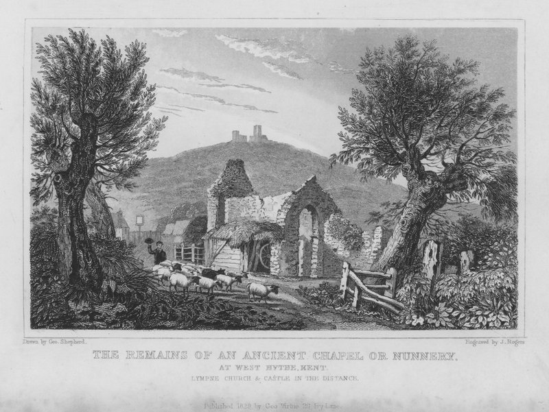Resterne af et gammelt kapel eller nonnekloster i West Hythe, Kent (kobberstik) af English School