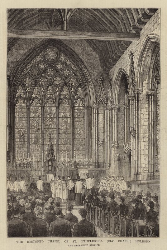 Det restaurerede kapel af St Etheldreda (Ely Chapel) Holborn (gravering) af English School