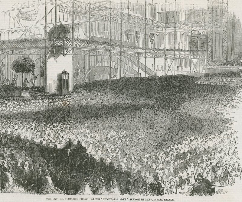 Pastor Charles Haddon Spurgeon prædiker sin ydmygelses dag-prædiken i Crystal Palace af English School