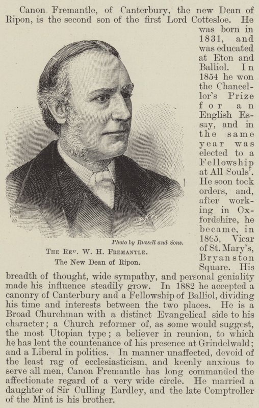 Pastor W H Fremantle, den nye dekan af Ripon (gravering) af English School