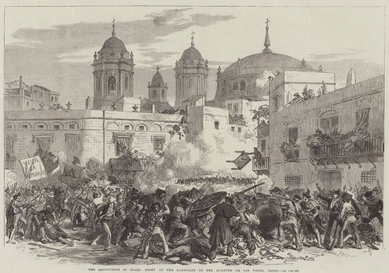 Revolutionen i Spanien, Kamp ved barrikaden i Quarter de Los Vinas, Cadiz (gravering) af English School
