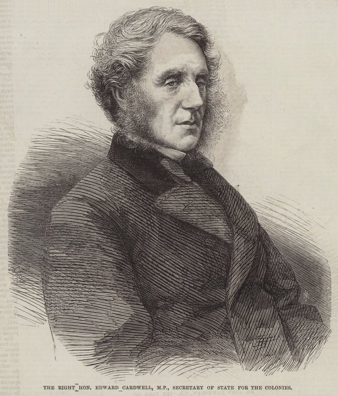 Højre ærede Edward Cardwell, MP, udenrigsminister for kolonierne (gravering) af English School
