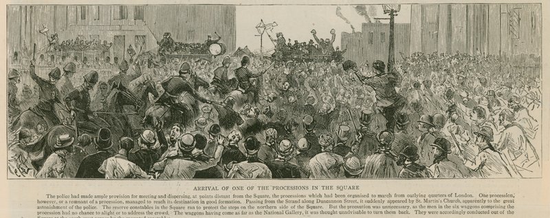 The Riot in Trafalgar Square: Ankomst til en af processionerne på pladsen af English School