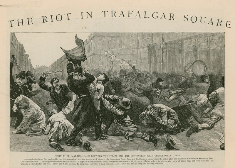 The Riot in Trafalgar Square: Kamp i St Martins Lane mellem politiet og kontingentet fra Clerkenwell Green af English School