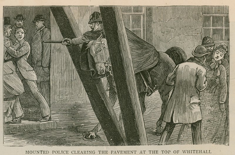 The Riot in Trafalgar Square: Beridet politi, der rydder fortovet på toppen af Whitehall af English School