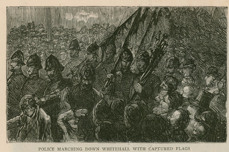 The Riot in Trafalgar Square: Politi marcherer ned af Whitehall med fangede flag af English School